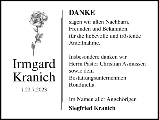 Traueranzeige von Irmgard Kranich von Lübecker Nachrichten