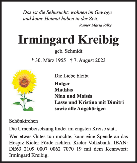 Traueranzeige von Irmingard Kreibig von Kieler Nachrichten