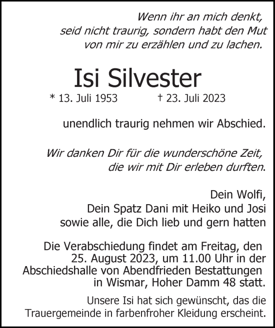 Traueranzeige von Isi Silvester von Ostsee-Zeitung GmbH