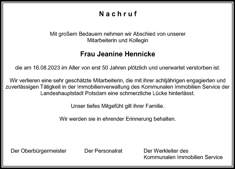  Traueranzeige für Jeanine Hennicke vom 26.08.2023 aus Märkischen Allgemeine Zeitung