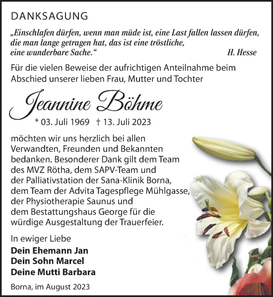 Traueranzeige von Jeannine Böhme von Leipziger Volkszeitung