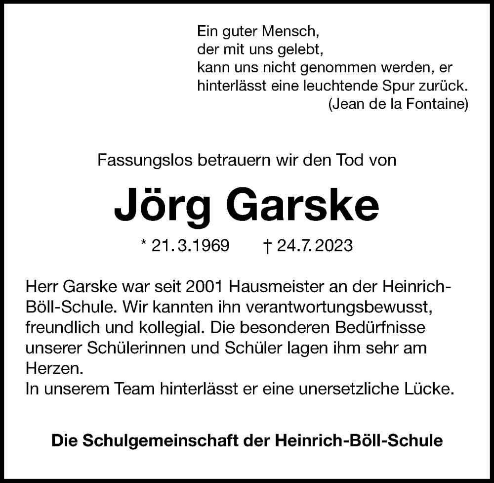 Traueranzeige für Jörg Garske vom 05.08.2023 aus Göttinger Tageblatt