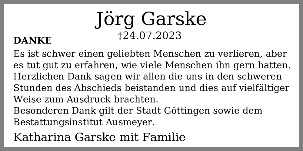  Traueranzeige für Jörg Garske vom 12.08.2023 aus Göttinger Tageblatt