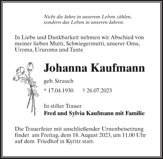 Traueranzeige von Johanna Kaufmann von Märkischen Allgemeine Zeitung