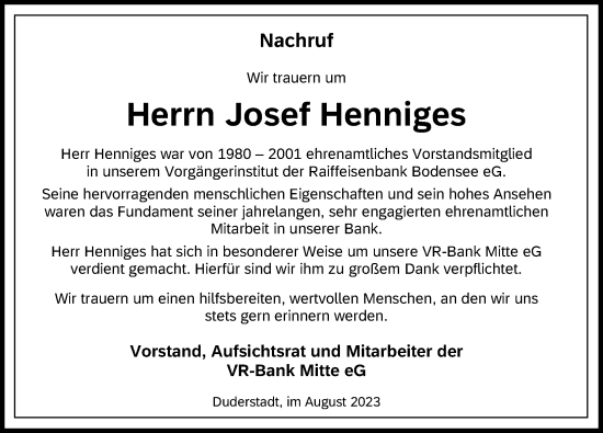 Traueranzeige von Josef Henniges von Eichsfelder Tageblatt