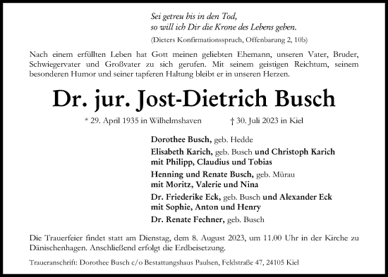 Traueranzeige von Jost-Dietrich Busch von Kieler Nachrichten
