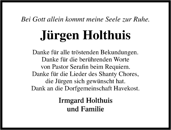 Traueranzeige von Jürgen Holthuis von Lübecker Nachrichten