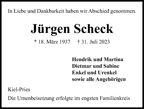 Traueranzeige von Jürgen Scheck von Kieler Nachrichten