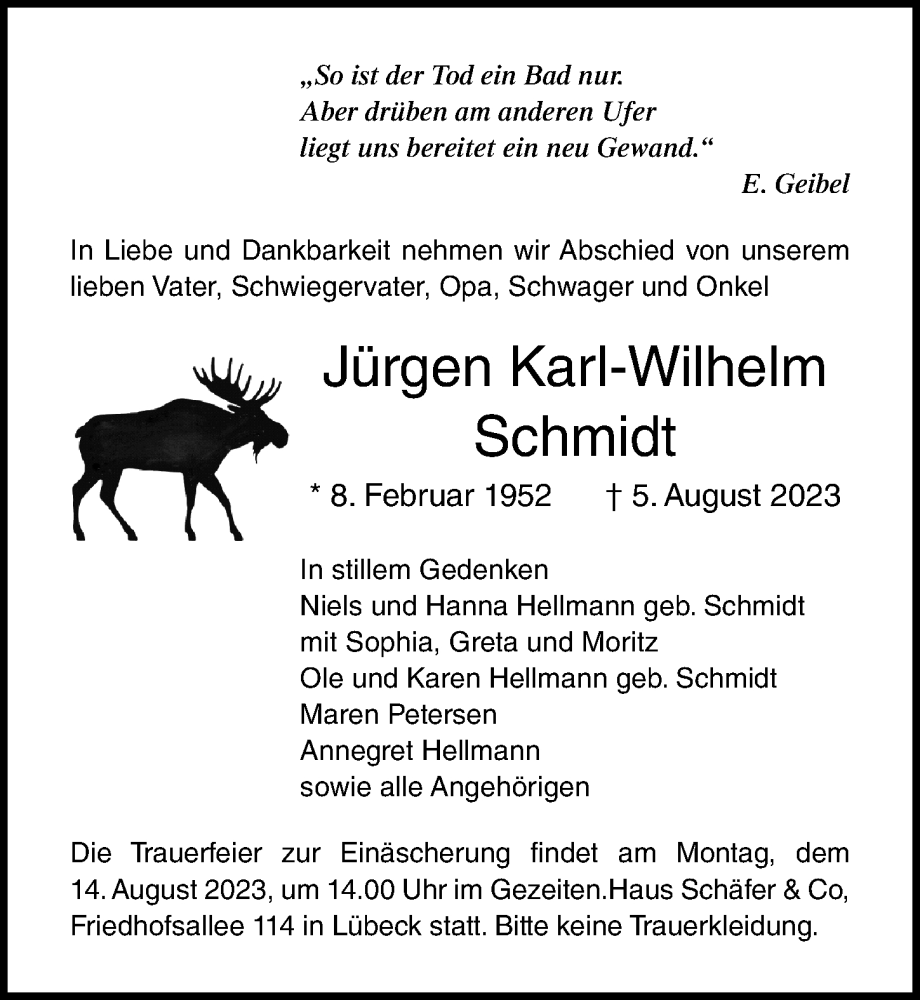  Traueranzeige für Jürgen Schmidt vom 13.08.2023 aus Lübecker Nachrichten