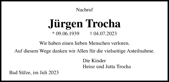 Traueranzeige von Jürgen Trocha von Ostsee-Zeitung GmbH