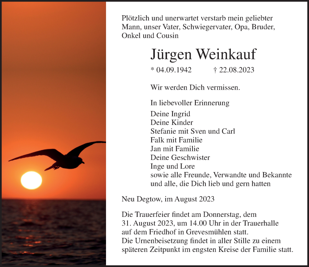  Traueranzeige für Jürgen Weinkauf vom 26.08.2023 aus Ostsee-Zeitung GmbH