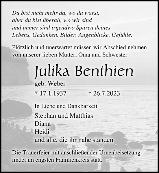 Traueranzeige von Julika Benthien von Ostsee-Zeitung GmbH
