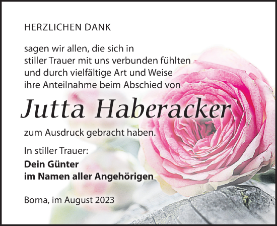 Traueranzeige von Jutta Haberacker von Leipziger Volkszeitung