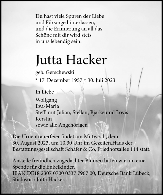 Traueranzeige von Jutta Hacker von Lübecker Nachrichten