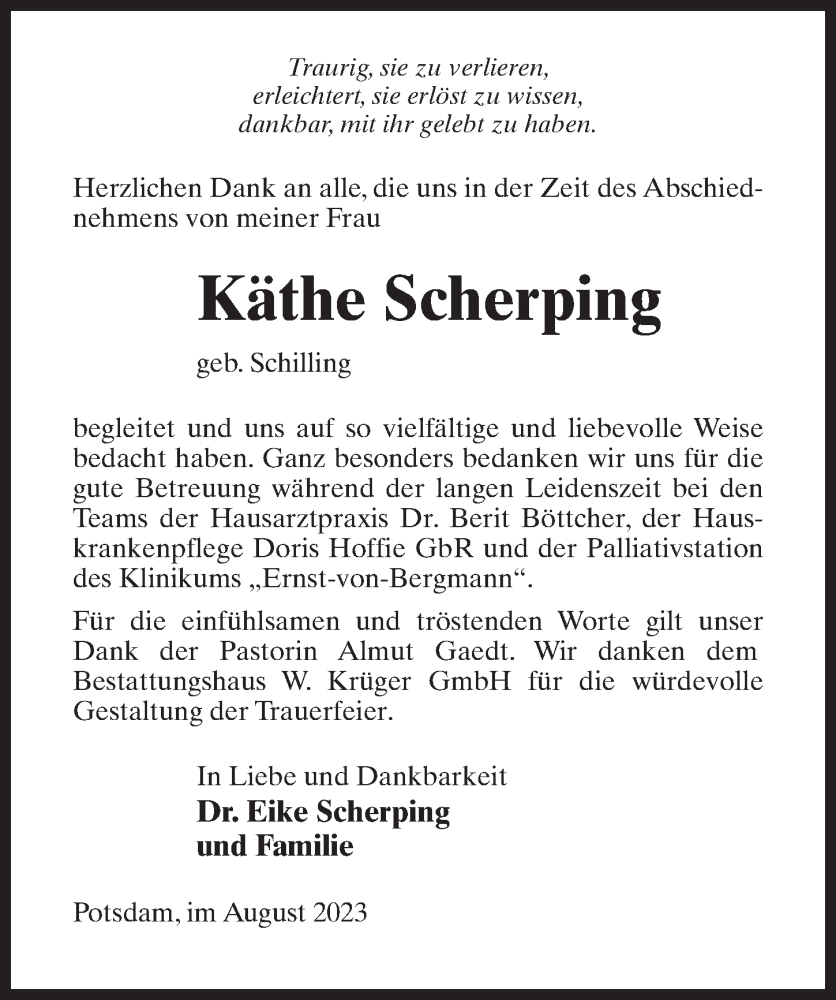  Traueranzeige für Käthe Scherping vom 26.08.2023 aus Märkischen Allgemeine Zeitung