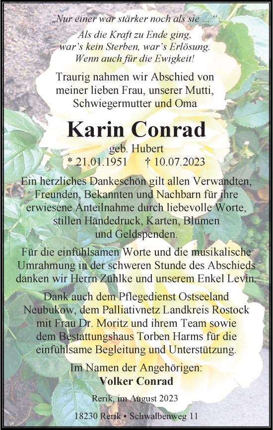 Traueranzeige von Karin Conrad von Ostsee-Zeitung GmbH