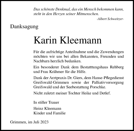 Traueranzeige von Karin Kleemann von Ostsee-Zeitung GmbH