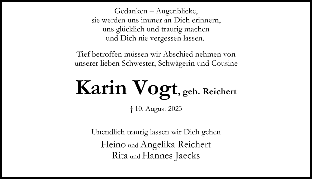  Traueranzeige für Karin Vogt vom 27.08.2023 aus Lübecker Nachrichten