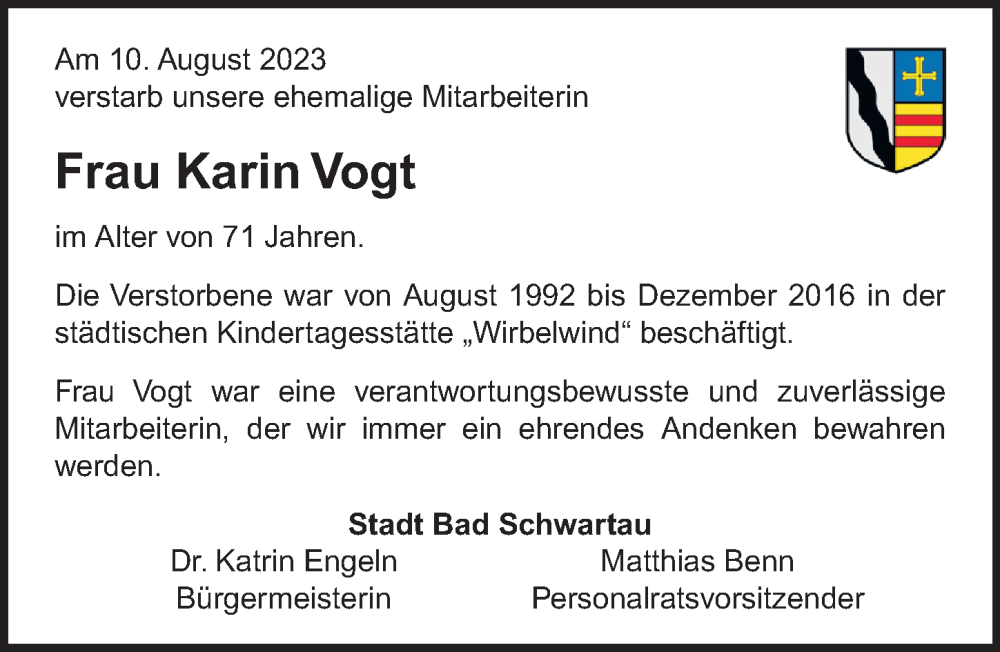  Traueranzeige für Karin Vogt vom 24.08.2023 aus Lübecker Nachrichten