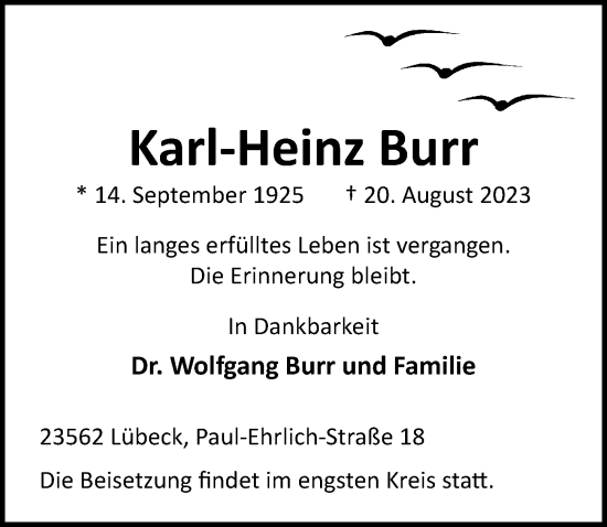 Traueranzeige von Karl-Heinz Burr von Lübecker Nachrichten