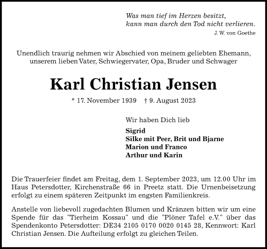 Traueranzeige von Karl Christian Jensen von Kieler Nachrichten