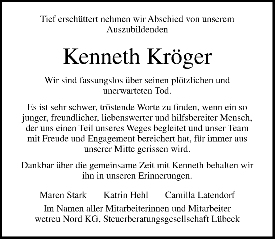 Traueranzeige von Kenneth Kröger von Lübecker Nachrichten