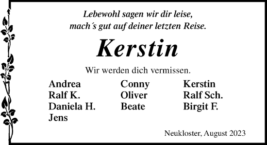 Traueranzeige von Kerstin  von Ostsee-Zeitung GmbH