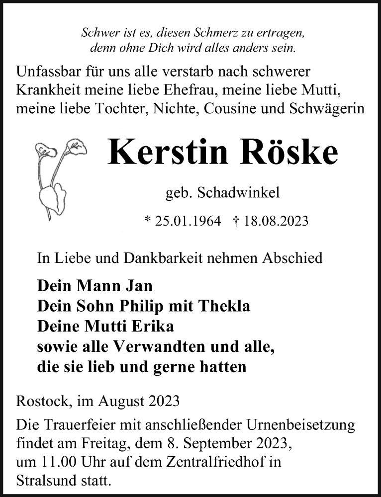  Traueranzeige für Kerstin Röske vom 26.08.2023 aus Ostsee-Zeitung GmbH