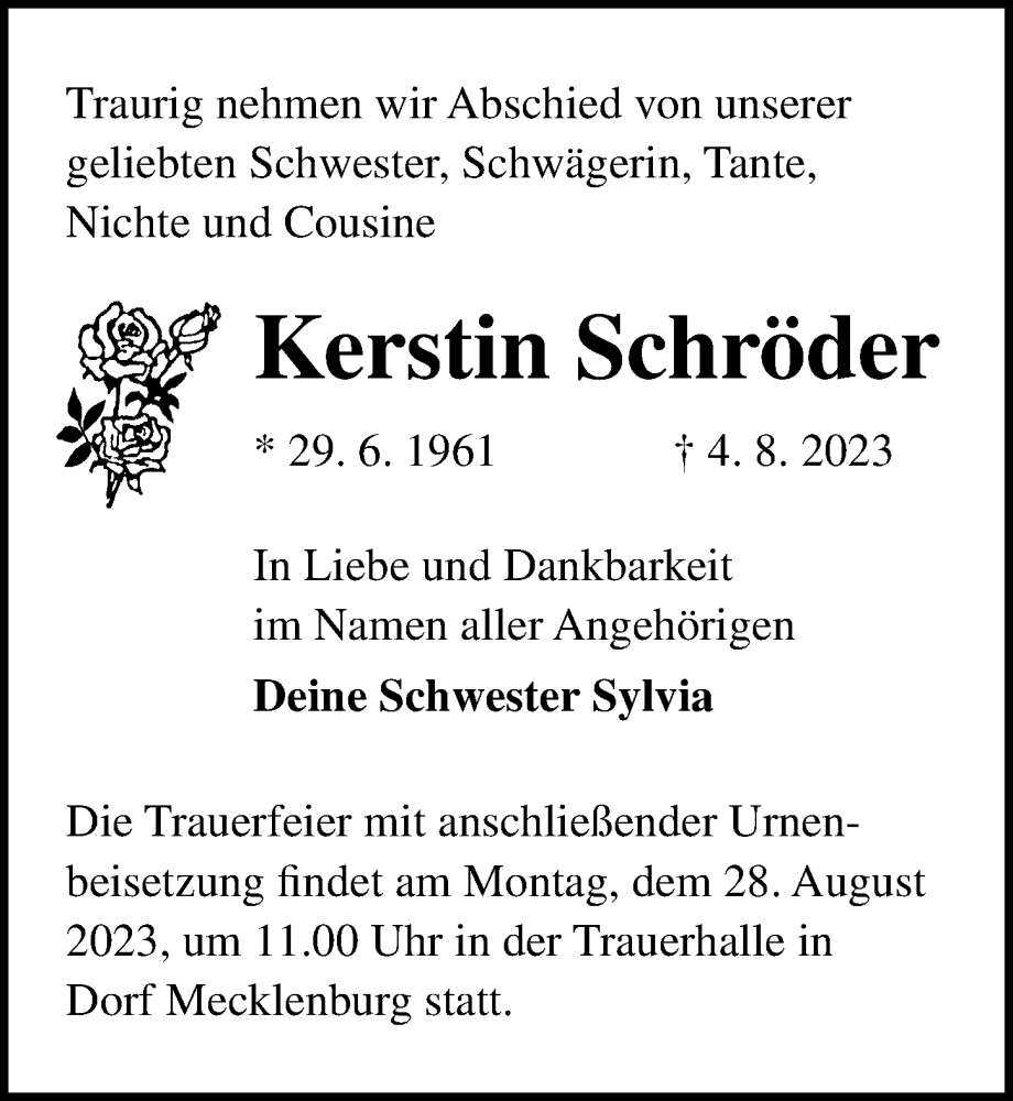  Traueranzeige für Kerstin Schröder vom 19.08.2023 aus Ostsee-Zeitung GmbH