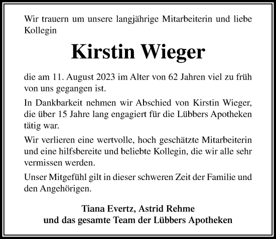 Traueranzeige von Kirstin Wieger von Lübecker Nachrichten