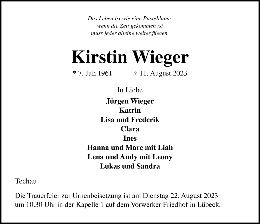  Traueranzeige für Kirstin Wieger vom 20.08.2023 aus Lübecker Nachrichten