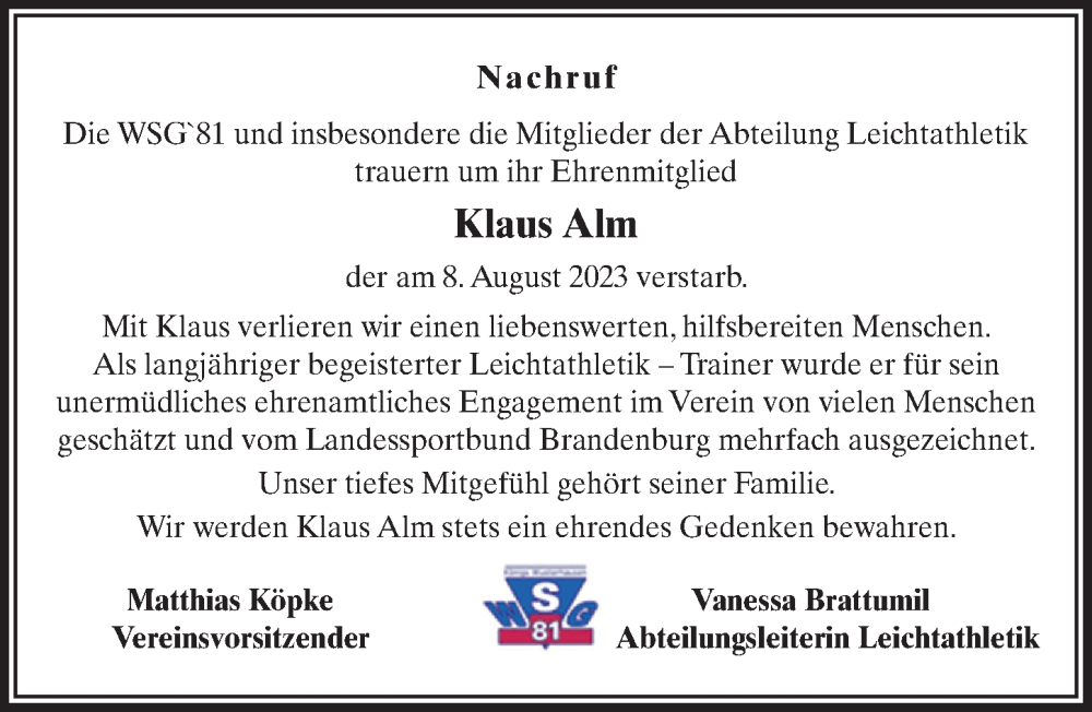  Traueranzeige für Klaus Alm vom 19.08.2023 aus Märkischen Allgemeine Zeitung