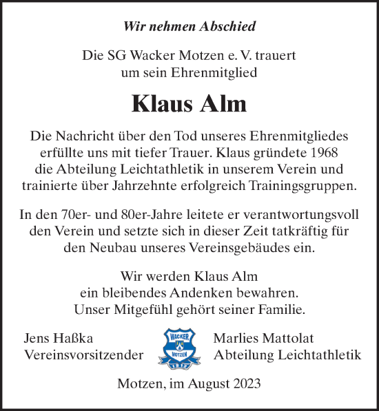 Traueranzeige von Klaus Alm von Märkischen Allgemeine Zeitung