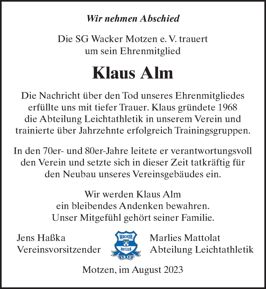  Traueranzeige für Klaus Alm vom 26.08.2023 aus Märkischen Allgemeine Zeitung