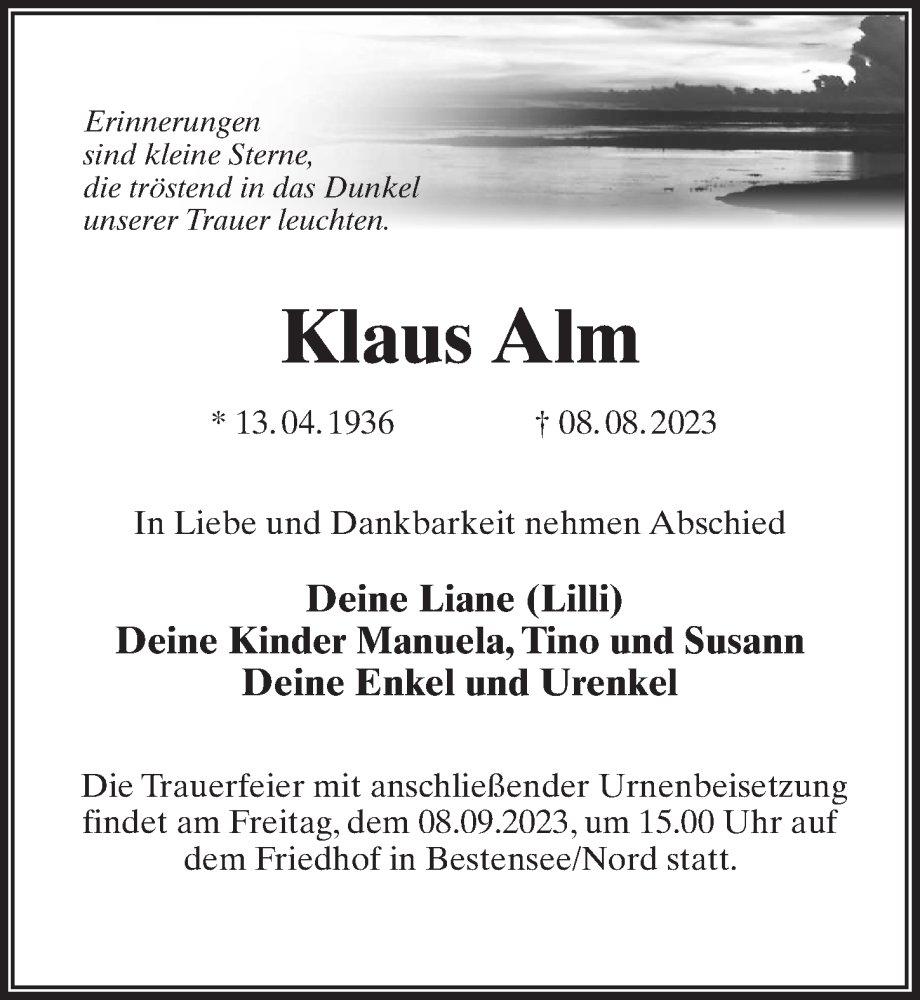  Traueranzeige für Klaus Alm vom 26.08.2023 aus Märkischen Allgemeine Zeitung