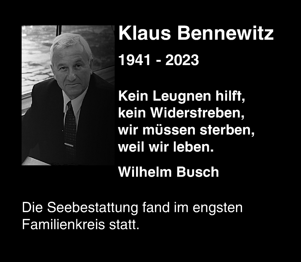  Traueranzeige für Klaus Bennewitz vom 12.08.2023 aus Ostsee-Zeitung GmbH