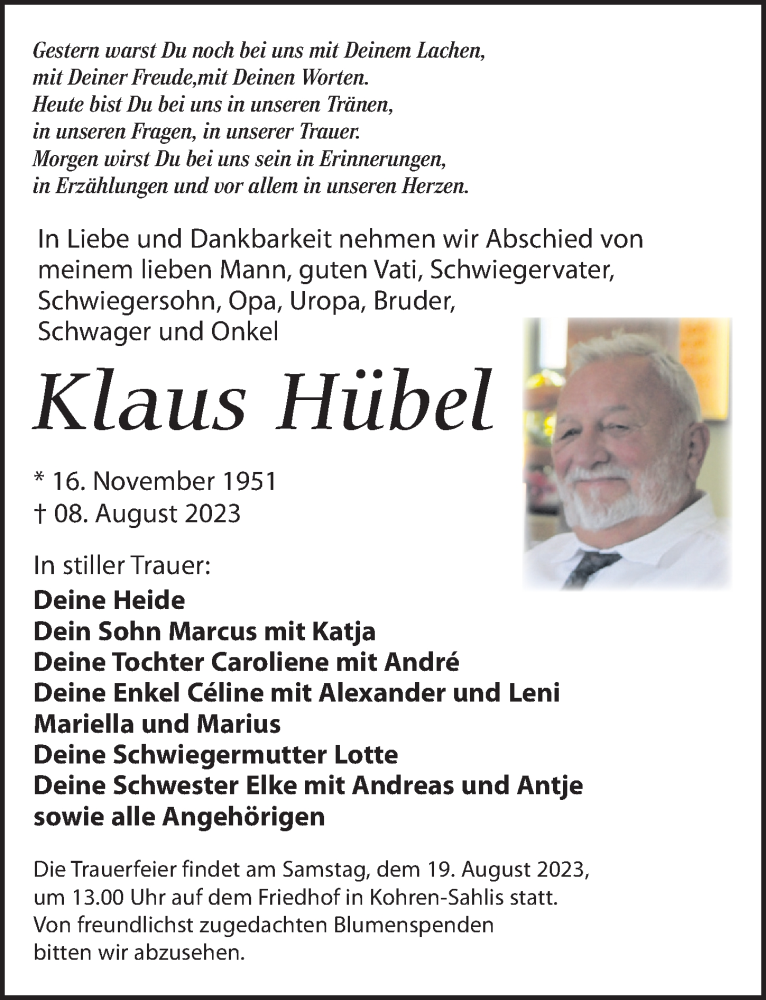  Traueranzeige für Klaus Hübel vom 15.08.2023 aus Leipziger Volkszeitung
