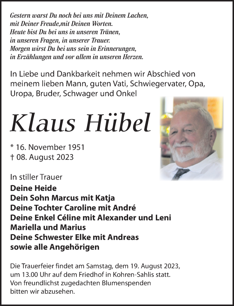  Traueranzeige für Klaus Hübel vom 12.08.2023 aus Leipziger Volkszeitung