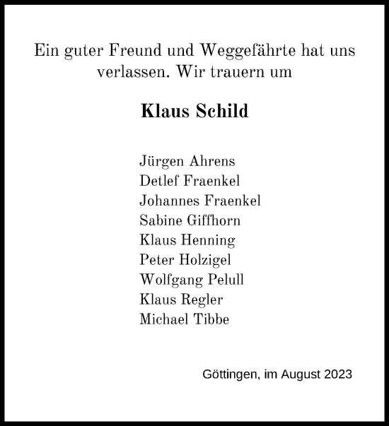 Traueranzeige von Klaus Schild von Göttinger Tageblatt
