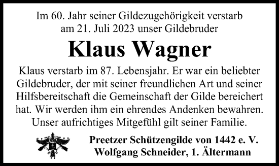 Traueranzeige von Klaus Wagner von Kieler Nachrichten