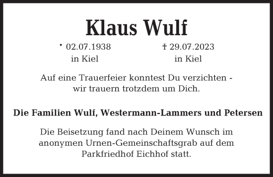 Traueranzeige von Klaus Wulf von Kieler Nachrichten