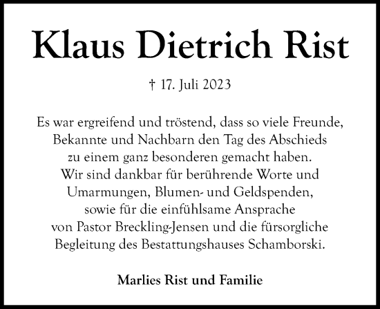 Traueranzeige von Klaus Dietrich Rist von Kieler Nachrichten