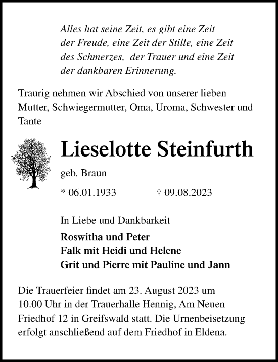 Traueranzeige von Lieselotte Steinfurth von Ostsee-Zeitung GmbH