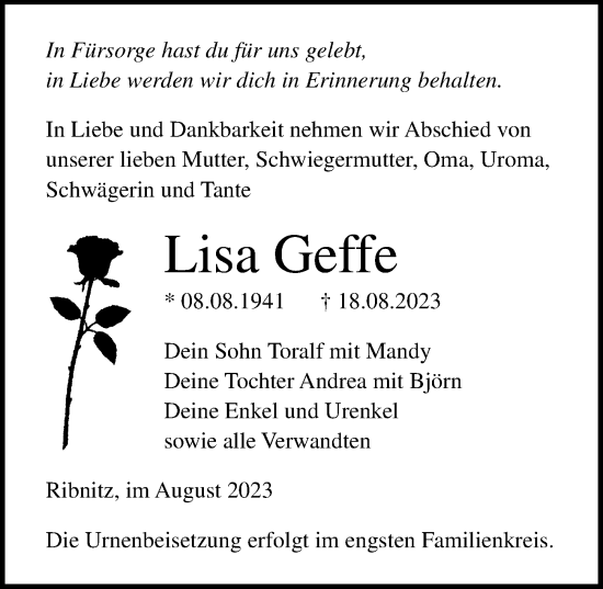 Traueranzeige von Lisa Geffe von Ostsee-Zeitung GmbH