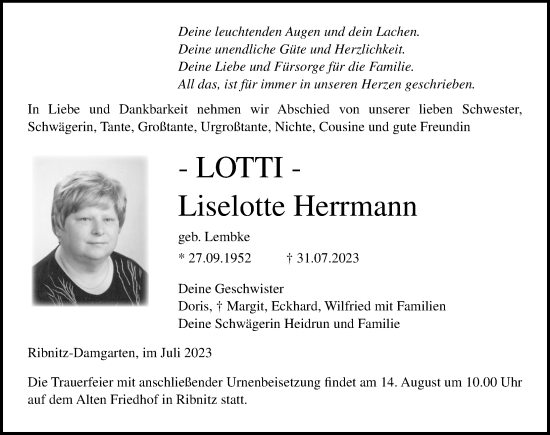 Traueranzeige von Liselotte Herrmann von Ostsee-Zeitung GmbH