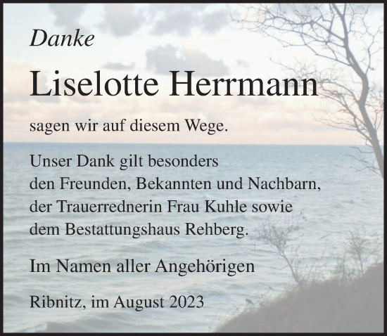 Traueranzeige von Liselotte Herrmann von Ostsee-Zeitung GmbH