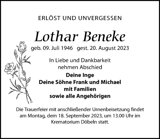 Traueranzeige von Lothar Beneke von Leipziger Volkszeitung