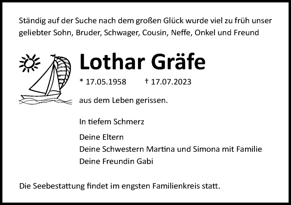  Traueranzeige für Lothar Gräfe vom 12.08.2023 aus Ostsee-Zeitung GmbH