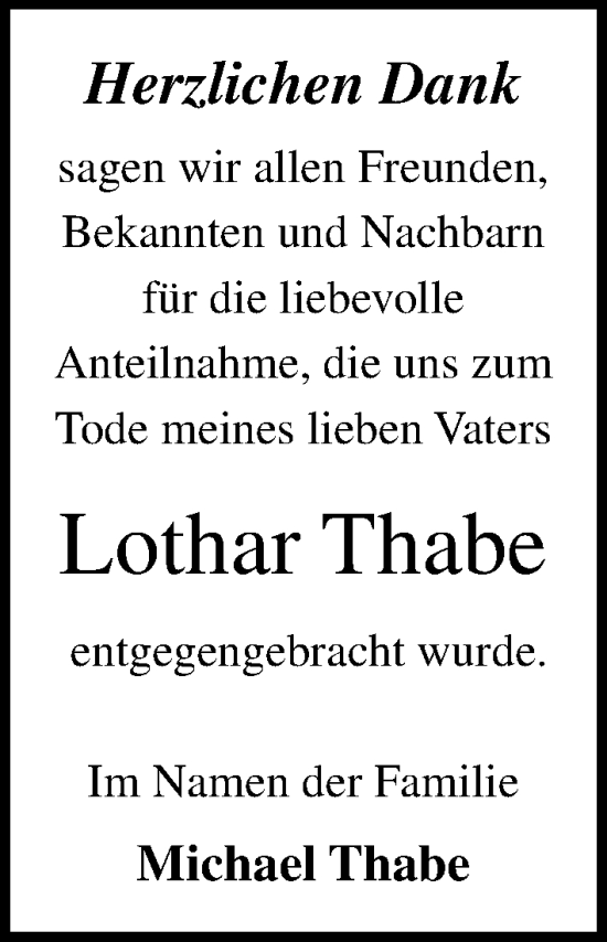 Traueranzeige von Lothar Thabe von Lübecker Nachrichten