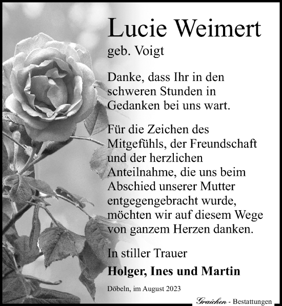 Traueranzeige von Lucie Weimert von Leipziger Volkszeitung